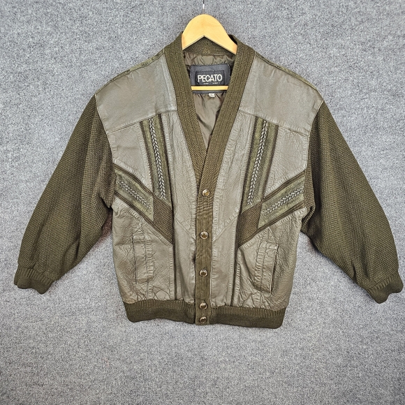 Rare! Vintage Pecato Olive Green Leather Knit Cardigan‎ Jacket with Gold Buttons